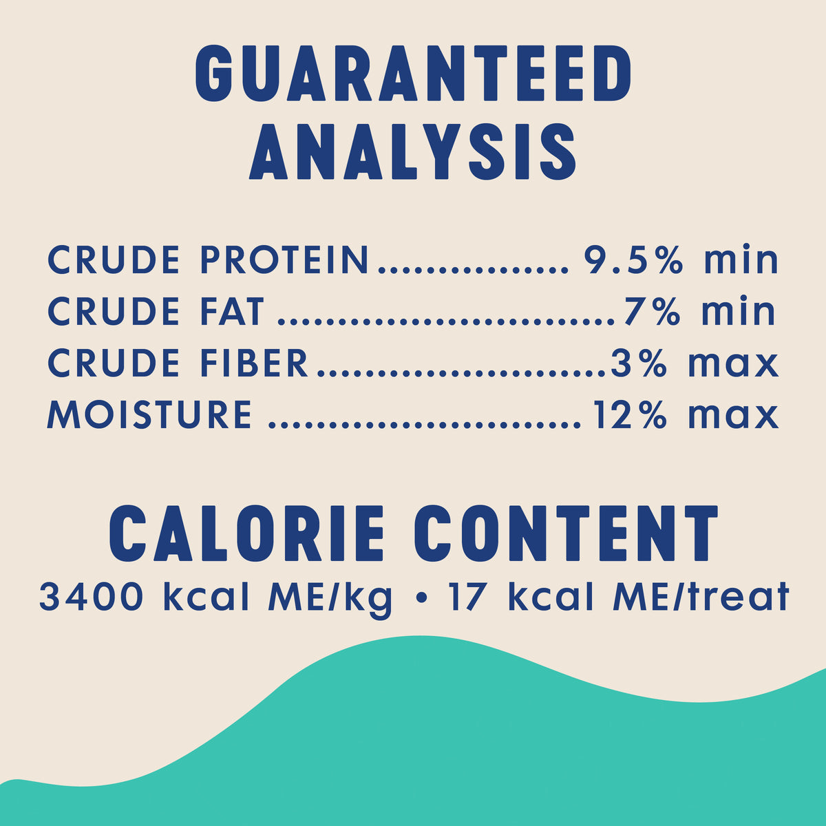 GUARANTEED
ANALYSIS

CRUDE PROTEIN
CRUDE FAT
CRUDE FIBER
MOISTURE

9.5% min
7% min
3% max
12% max

CALORIE CONTENT
3400 kcal ME/kg · 17 kcal ME/treat