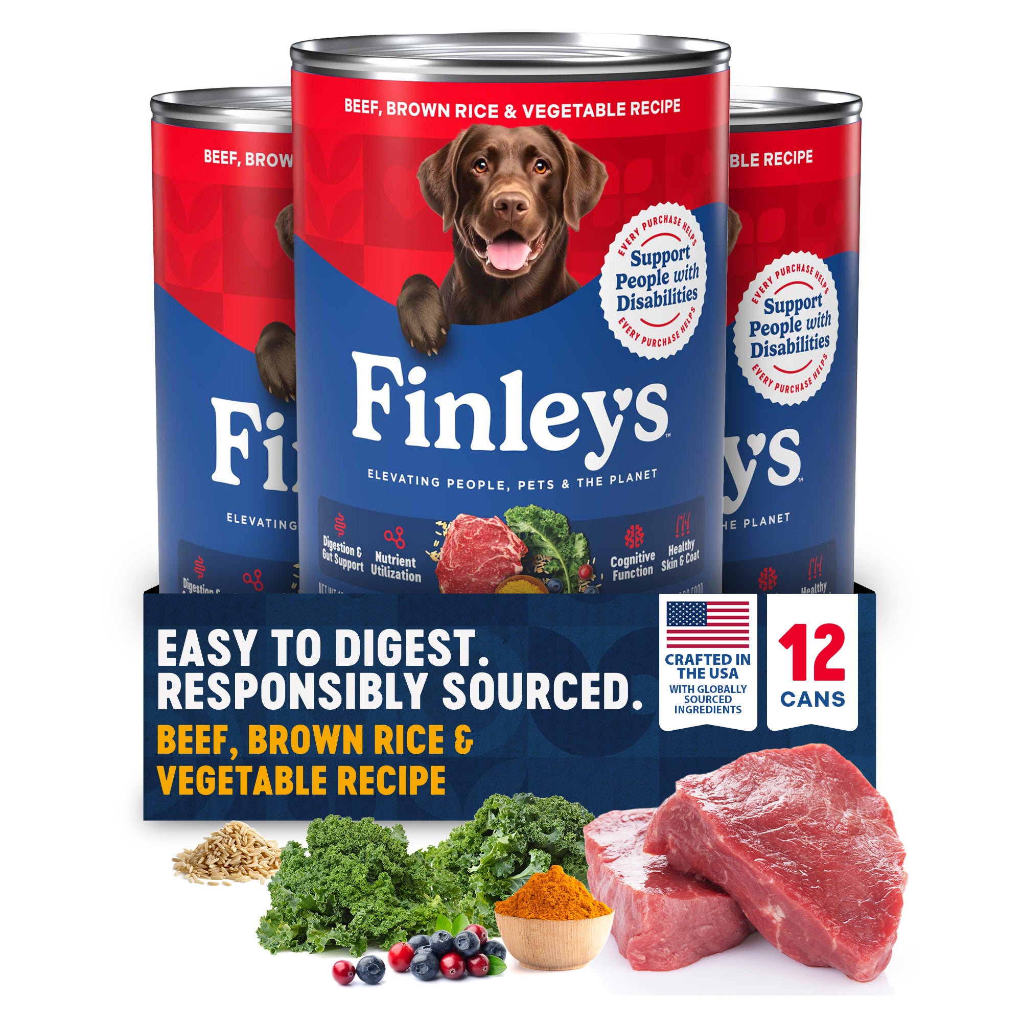 Three cans of Finley's Beef, Brown Rice, & Vegetable Recipe canned dog food