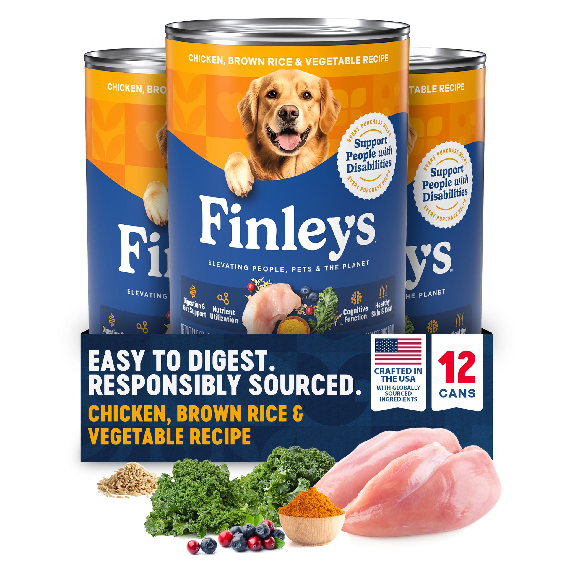 Three cans of Finley's Chicken, Brown Rice, & Vegetable Recipe canned dog food
