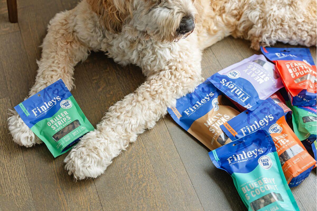 Dog lying on the floor with Finley's pet food packages around it.