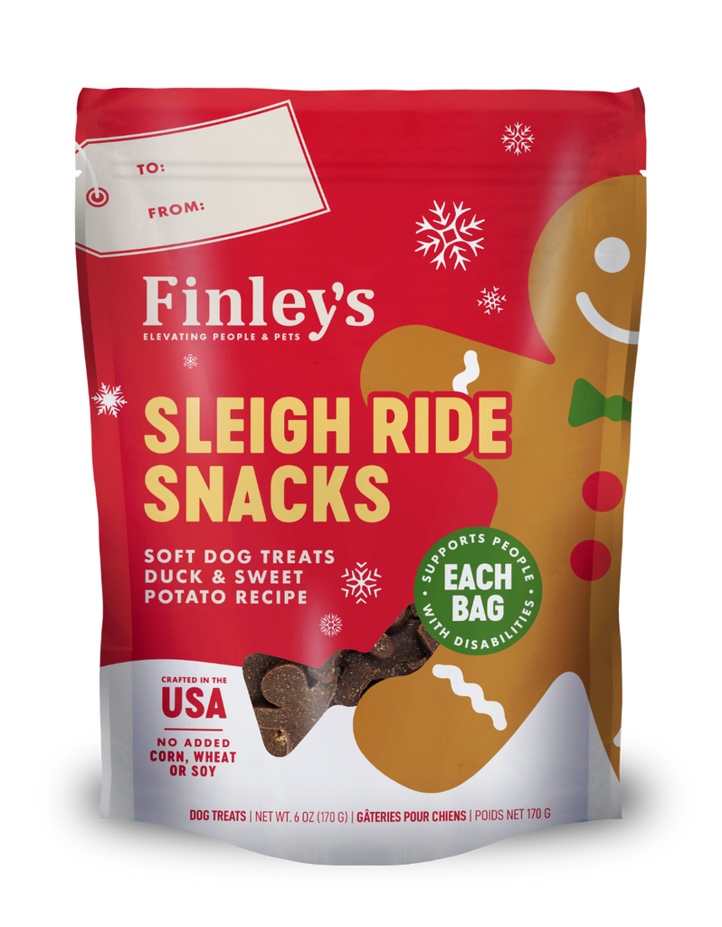 Red package of Finley's Sleigh Ride Snacks with gingerbread man design on a white background
