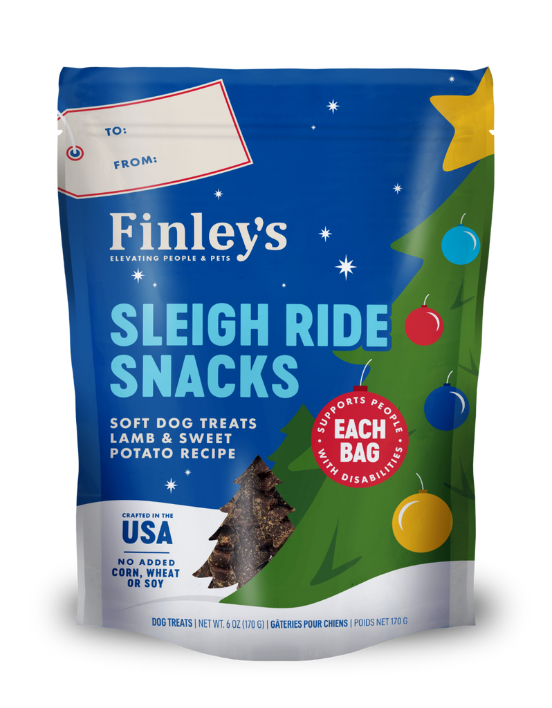 Finley's Sleigh Ride Snacks packaging with Christmas tree design on a white background
