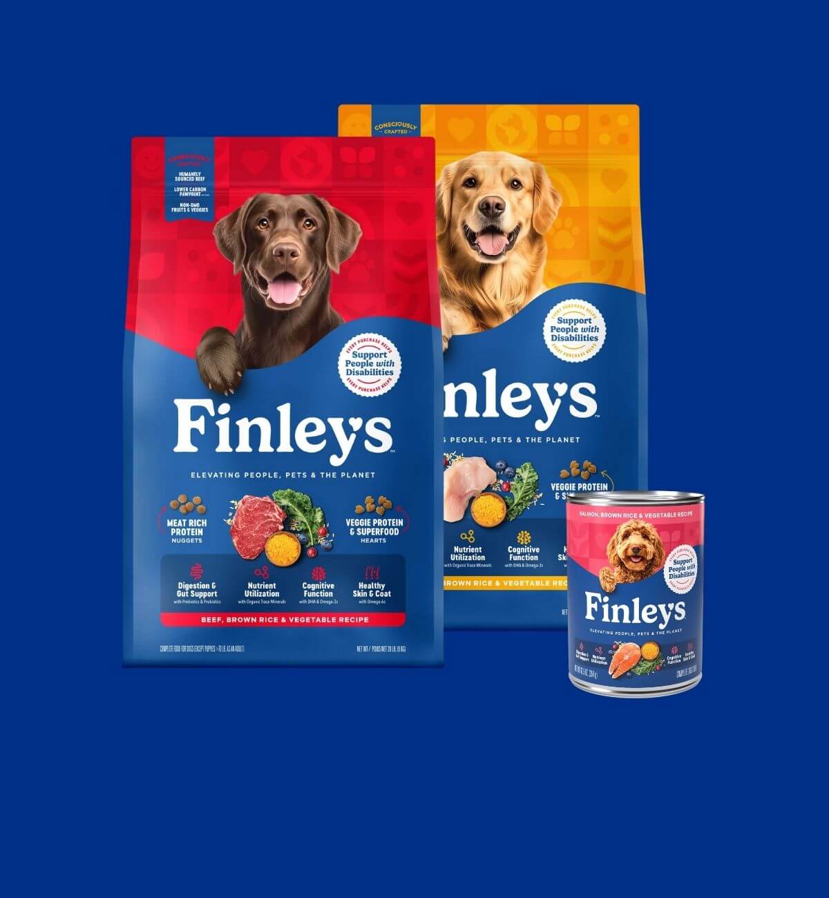 Finley's dog food packaging including a bag and can on a blue background