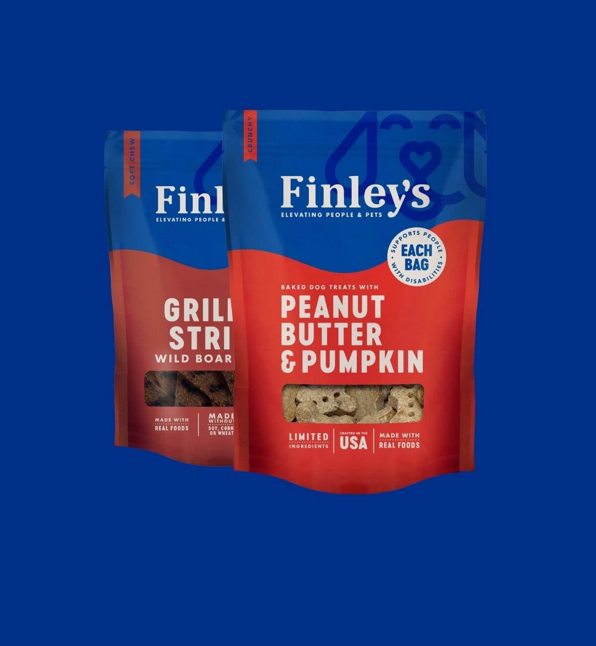Two packages of Finley's dog treats on a blue background