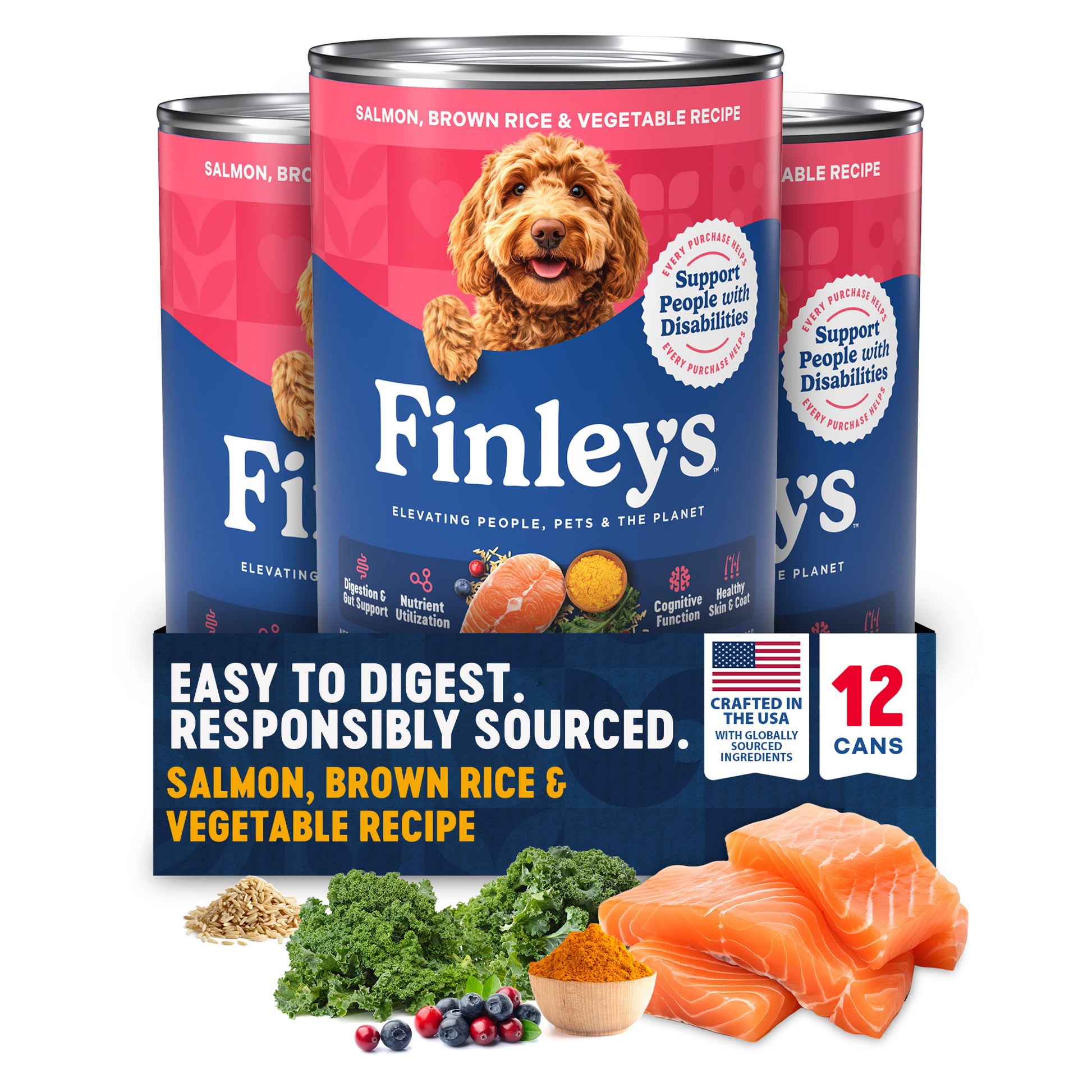 Three cans of Finley's Salmon, Brown Rice, & Vegetable Recipe canned dog food