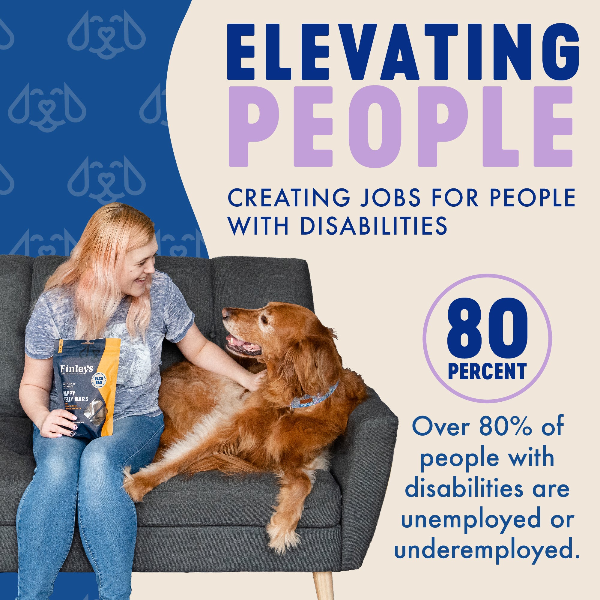 Woman sitting on a couch with a dog, promoting employment for people with disabilities.