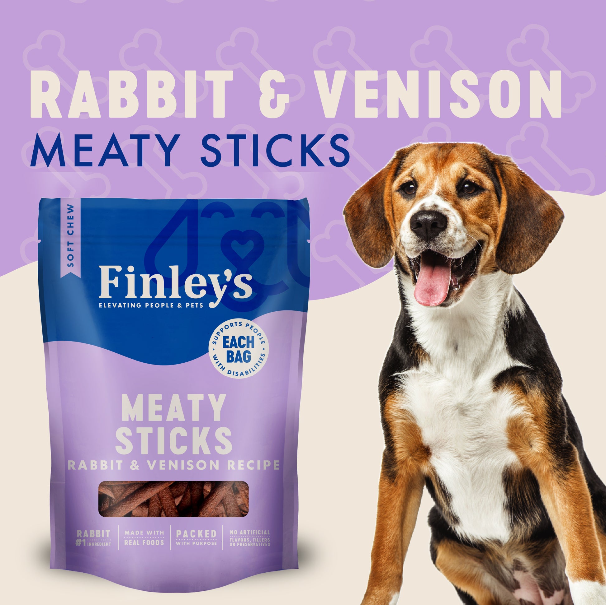 Finley's Meaty Sticks for dogs with a happy dog on a light background