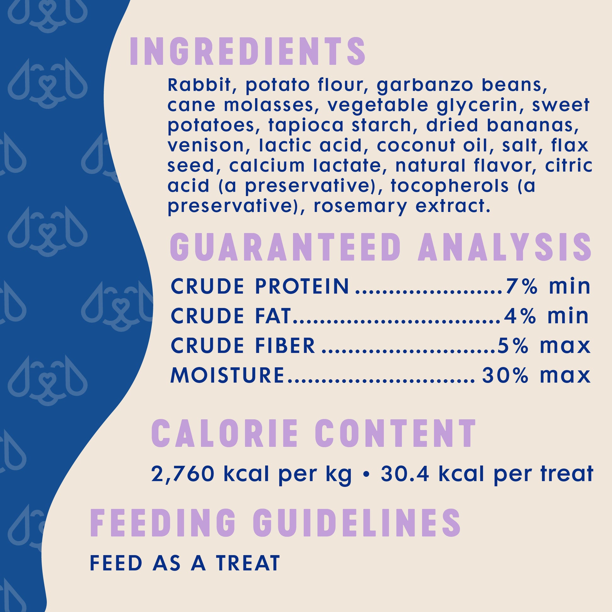 Product label with ingredients, guaranteed analysis, calorie content, and feeding guidelines on a blue and beige background.