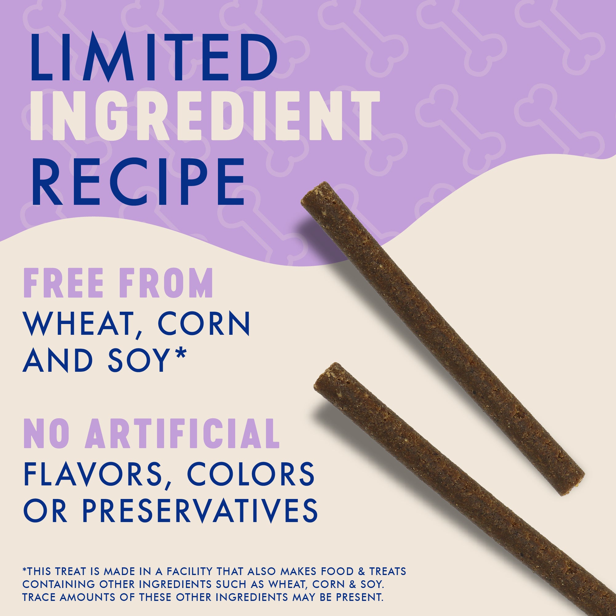 Dog treats with text about limited ingredient recipe on a purple and white background