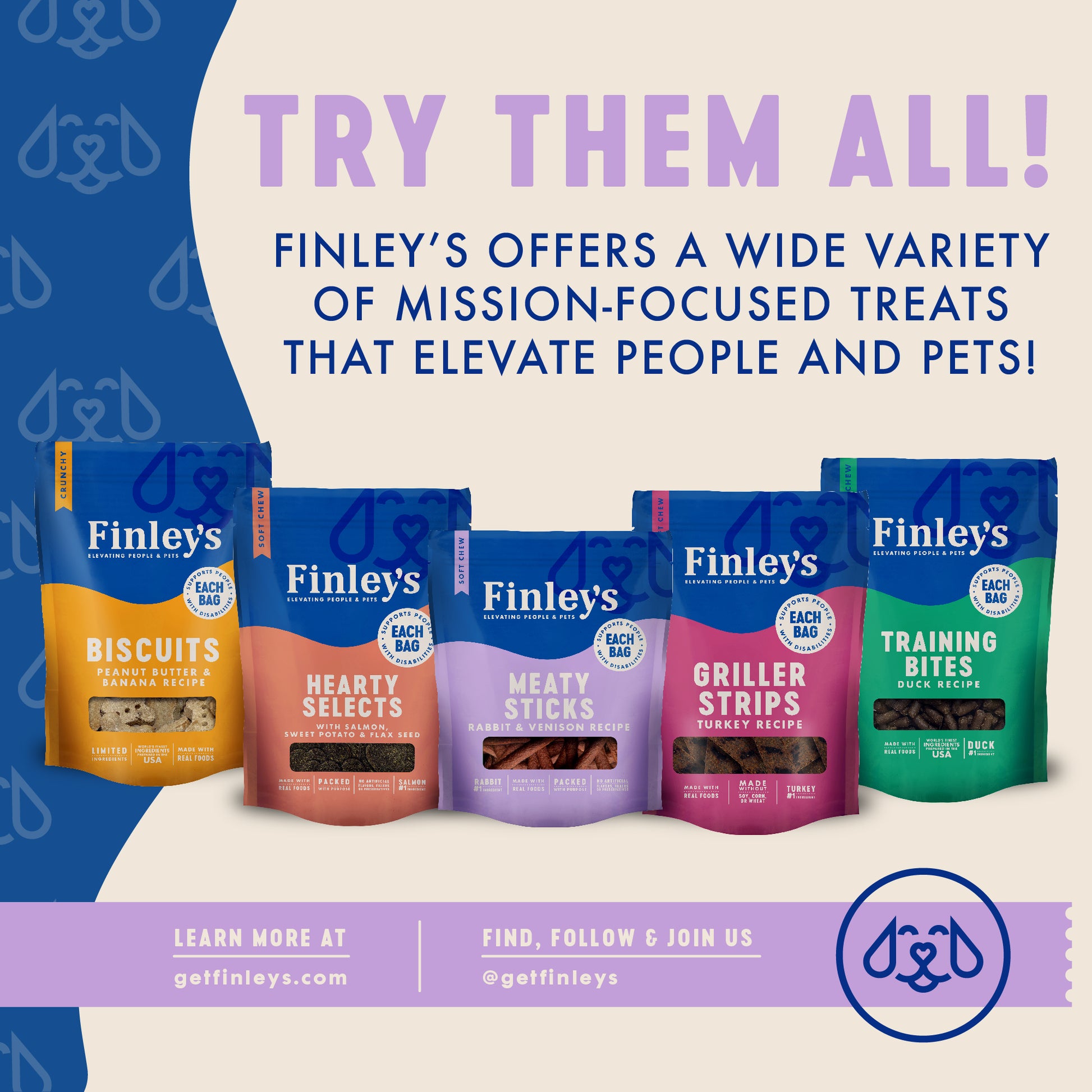 Promotional image of Finley's pet treats with packaging displayed on a white background.